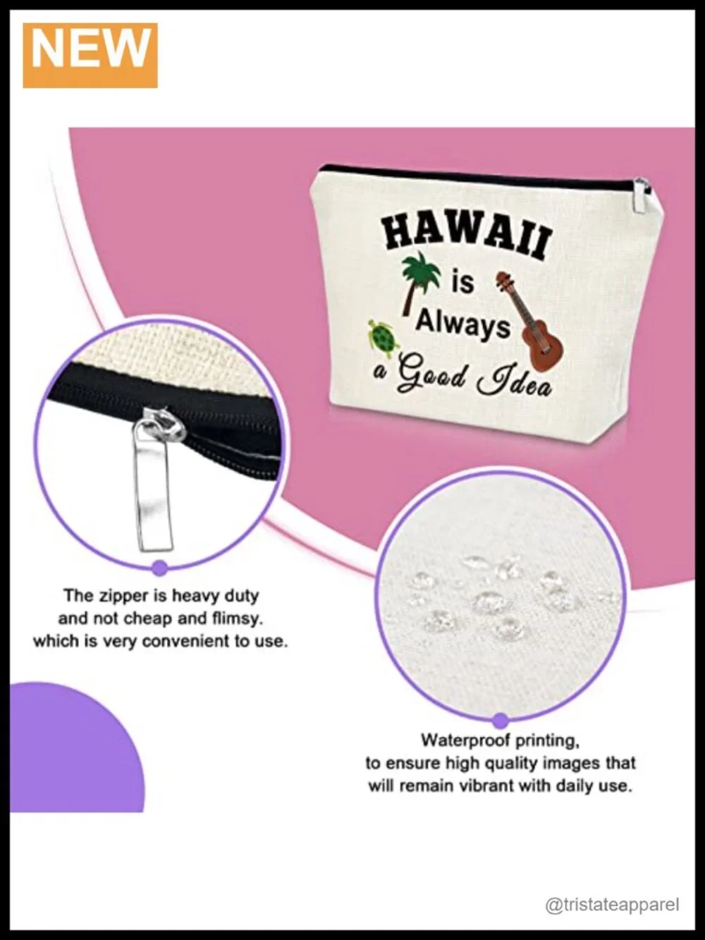 Hawaii Themed Canvas Makeup Bag - Travel Cosmetic Case with Zipper
